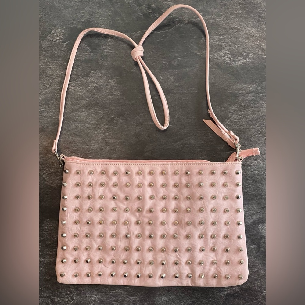 Women’s Pink Leather 135 Metal Studded Purse Shoulder Bag 12”x18” Inches